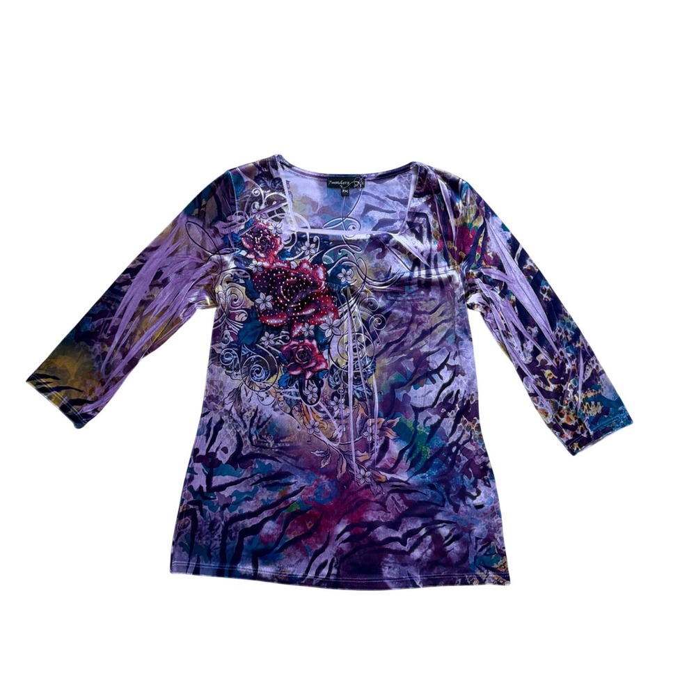 Vtg Purple Velvet Burnout Floral Tiger Rhinestone Top‎ Y2K M fairy whimsy grunge